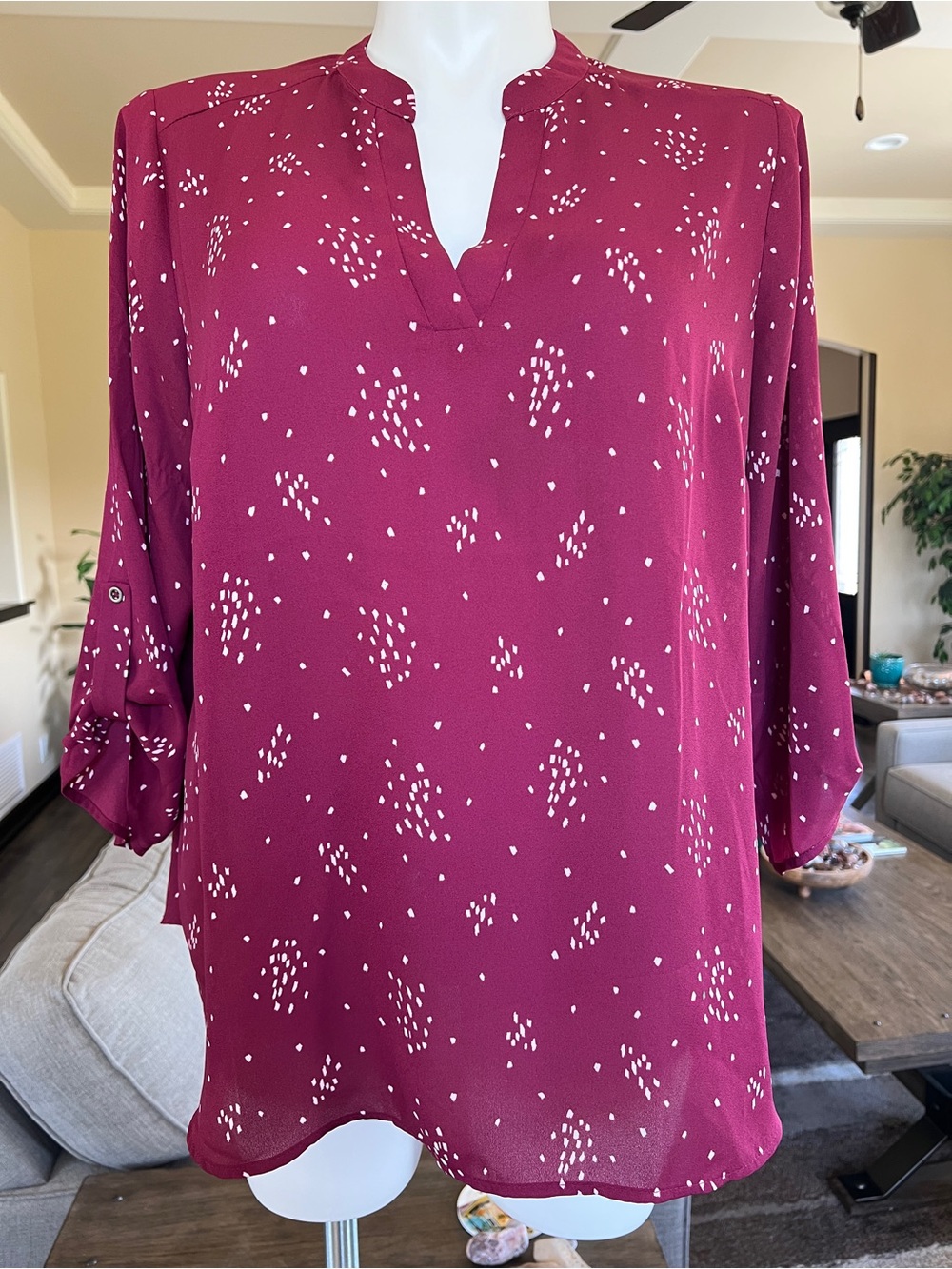 Lush Maroon Split-Neck Tunic with Scattered White Dot Print